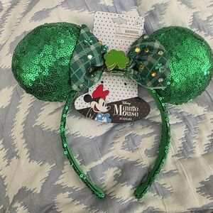 Disney Green Sequin Minnie Ear Headband with Plaid Bow and Shamrock